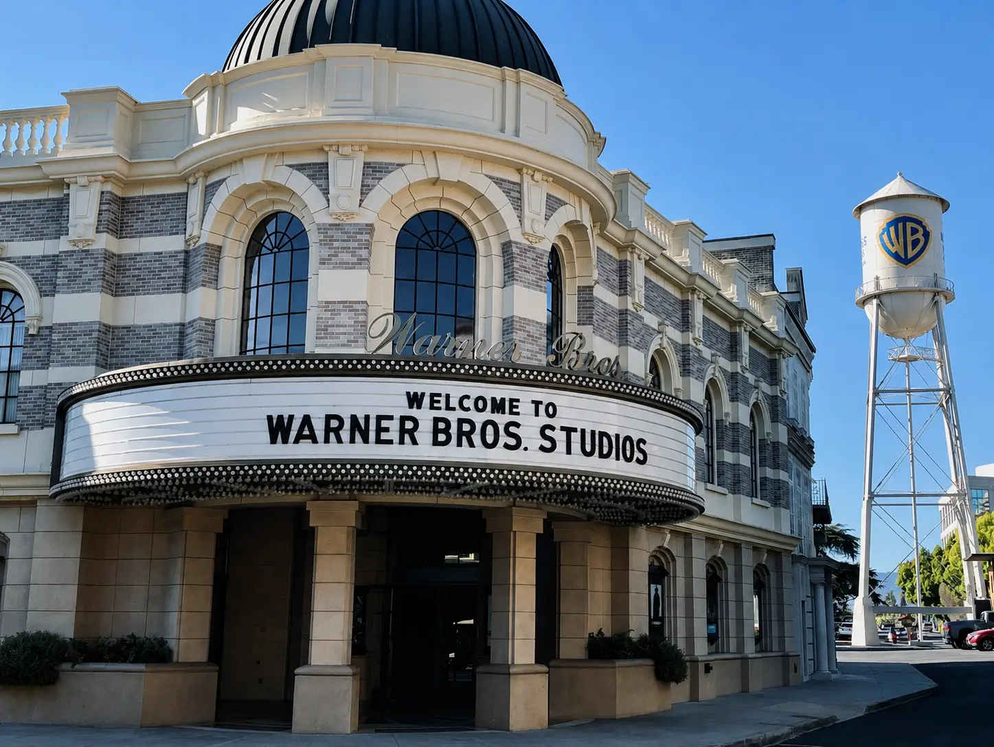 The Warner Bros. studio gate and water tower in Burbank