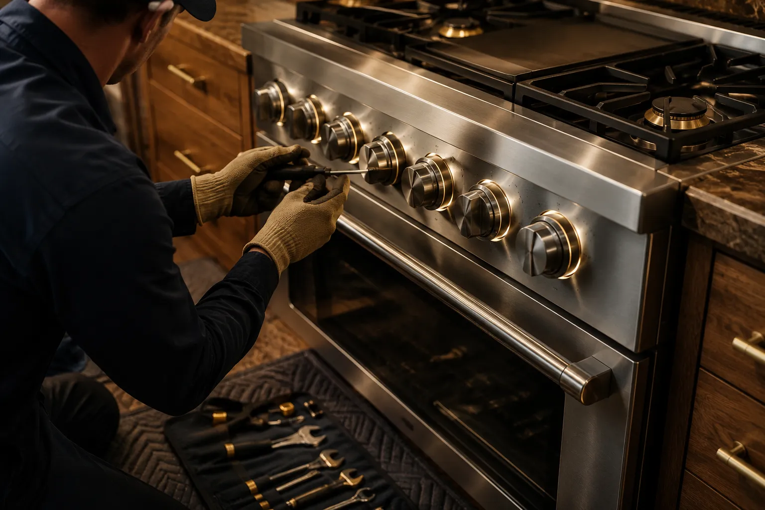 A Repairly technician servicing a Monogram appliance in a Los Angeles home