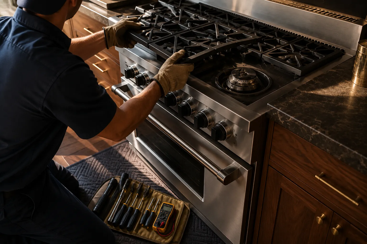 A Repairly technician servicing a Viking appliance in a Los Angeles home
