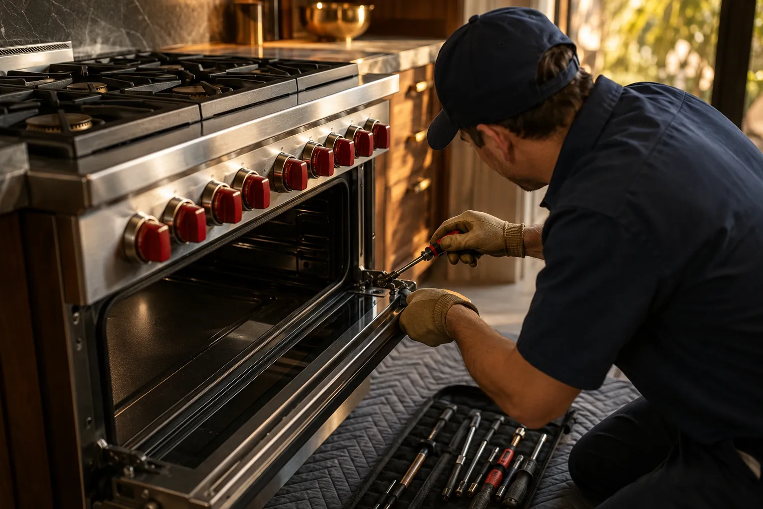 A Repairly technician servicing a Wolf appliance in a Los Angeles home