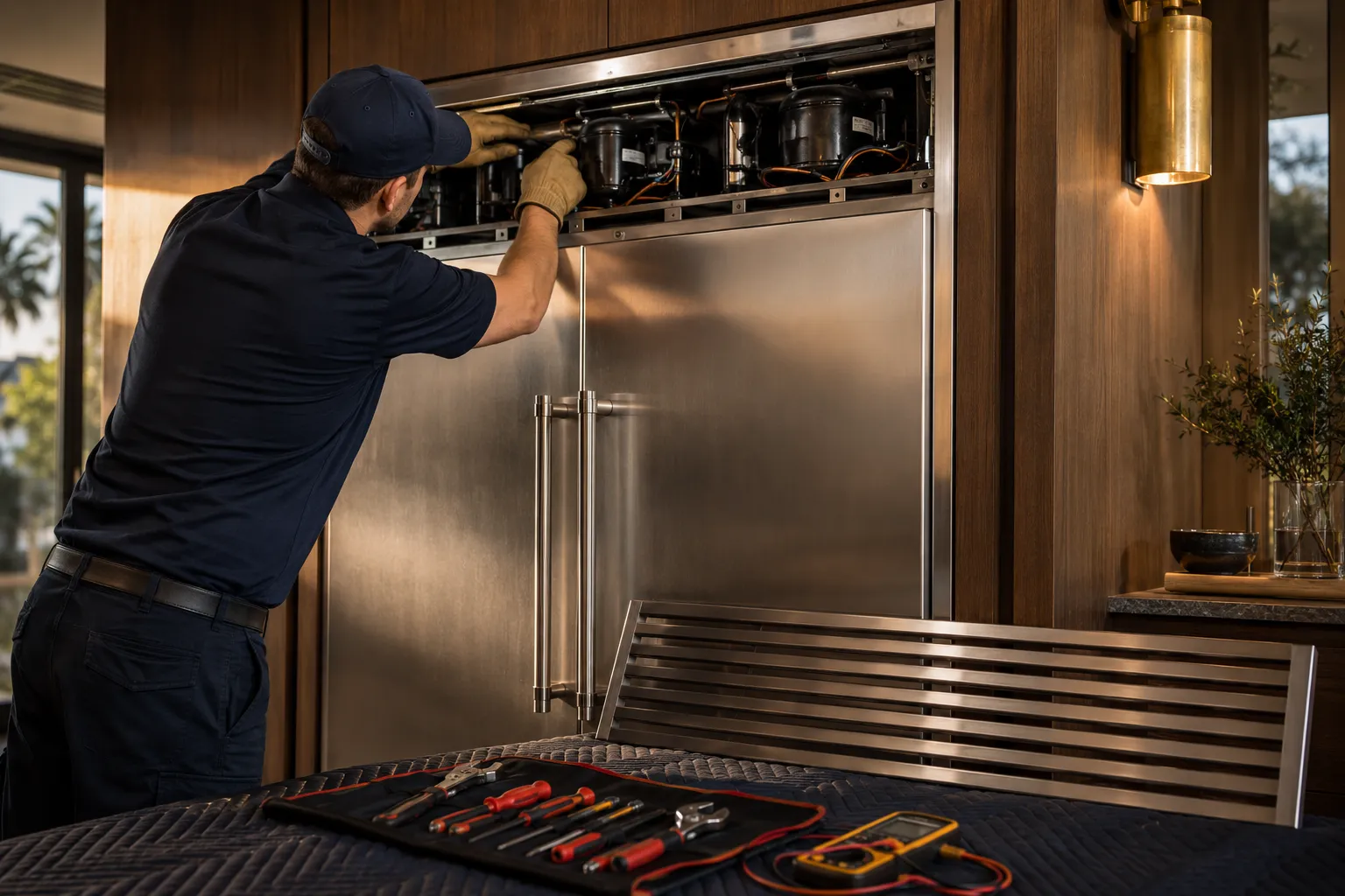 A Repairly technician servicing a Sub-Zero appliance in a Los Angeles home