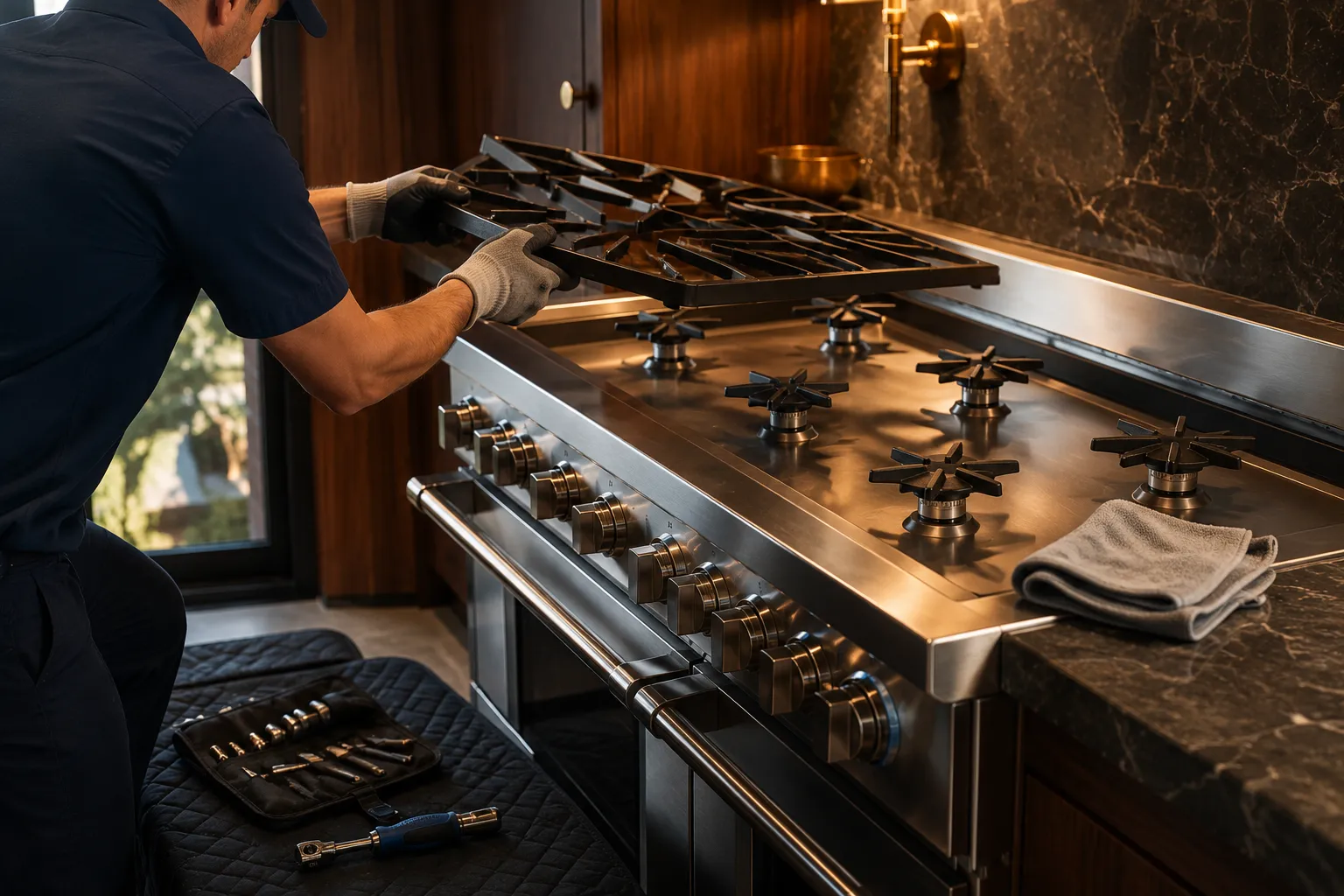 A Repairly technician servicing a Thermador appliance in a Los Angeles home