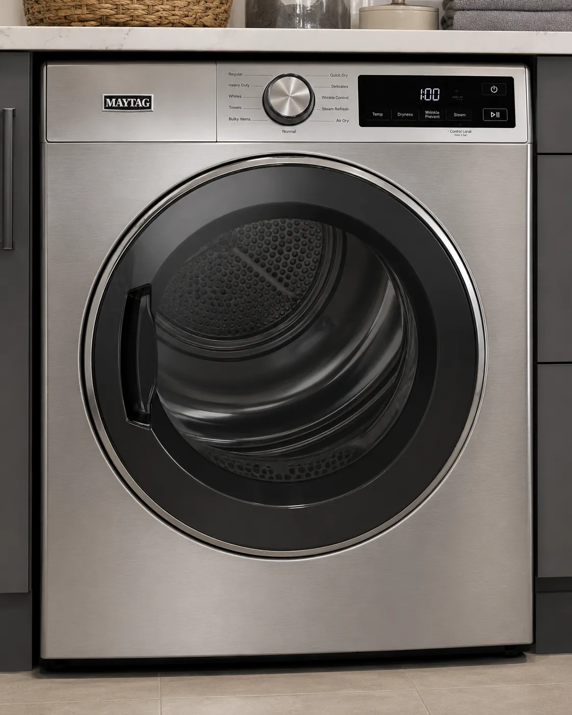 Maytag front load dryer with the control knob and drum door