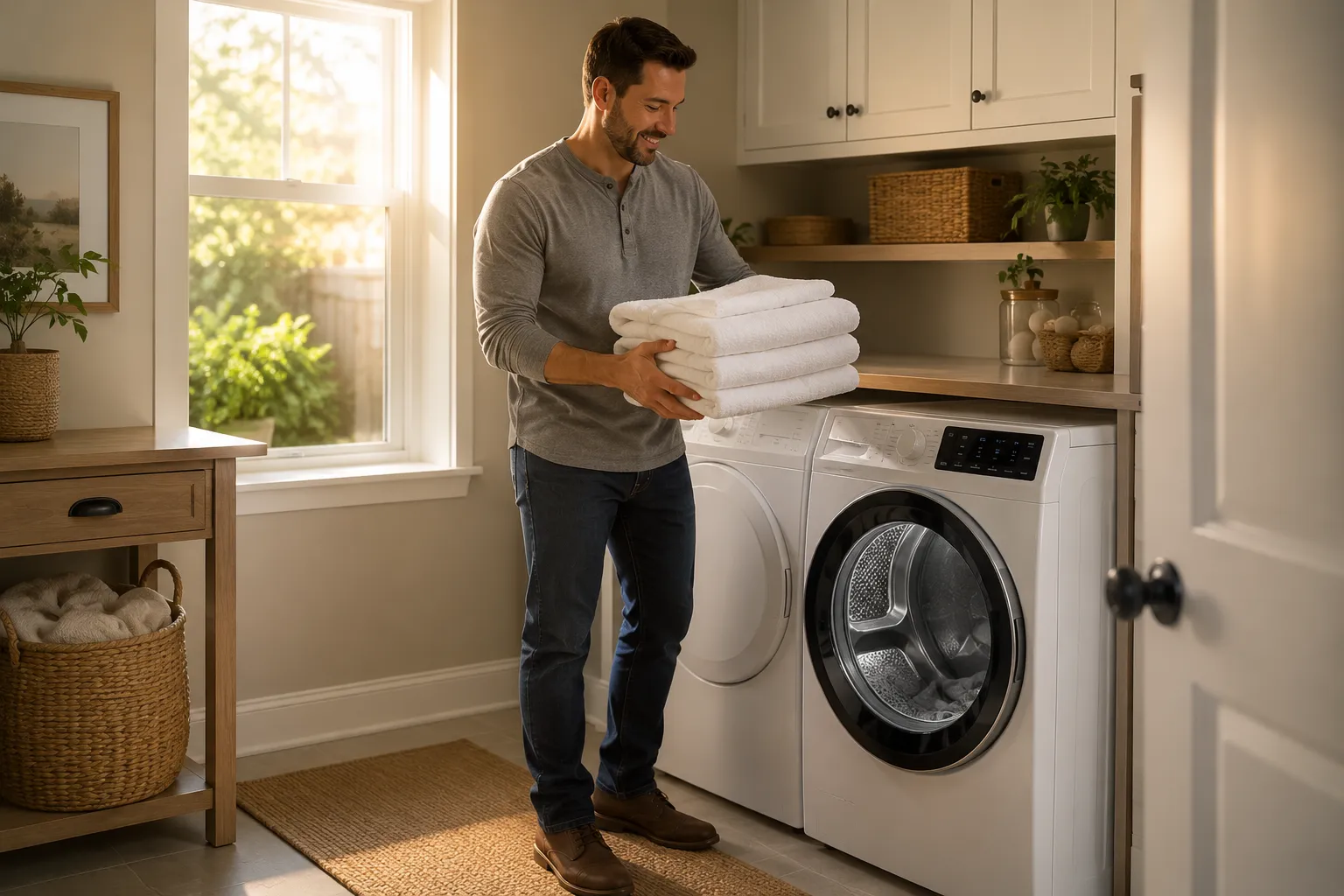 Homeowner lifting warm folded towels from a repaired dryer in a sunlit laundry room