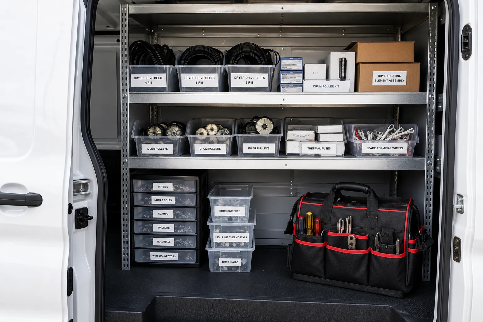 Open Repairly van with labeled bins of dryer drive belts, idler pulleys, drum rollers, thermal fuses, and a heating element assembly