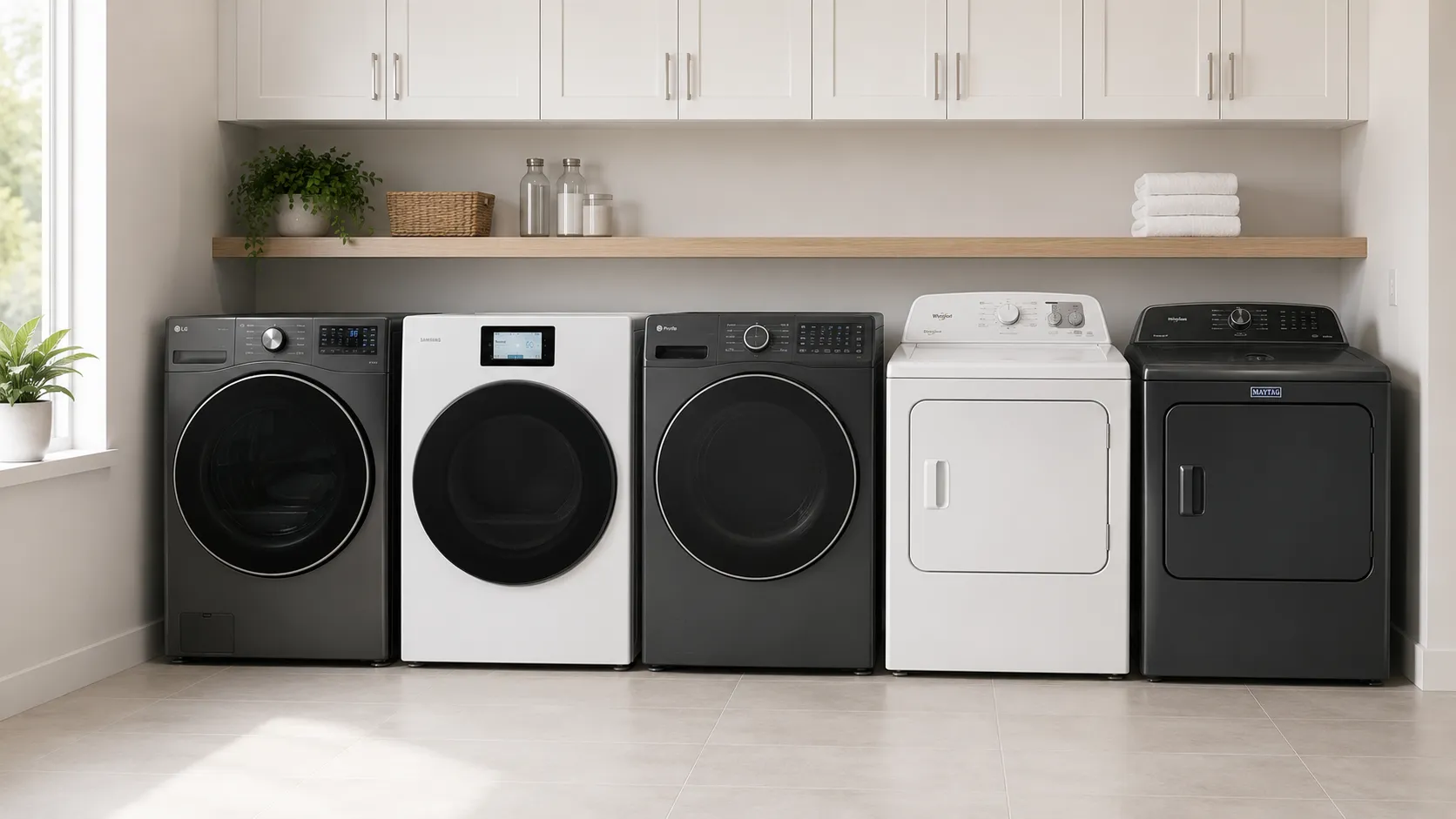 Laundry room with a row of LG, Samsung, GE, Whirlpool, and Maytag dryers