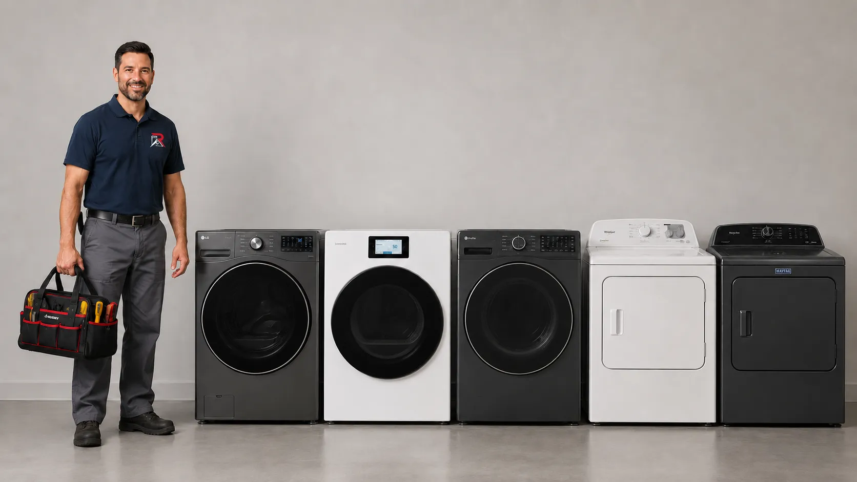 Repairly technician with a tool bag standing beside LG, Samsung, GE, Whirlpool, and Maytag dryers