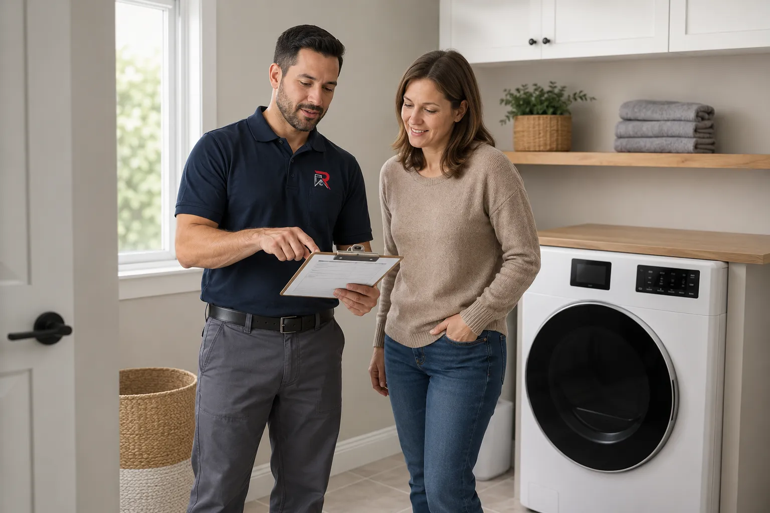 Repairly technician reviewing a written dryer repair quote with a homeowner