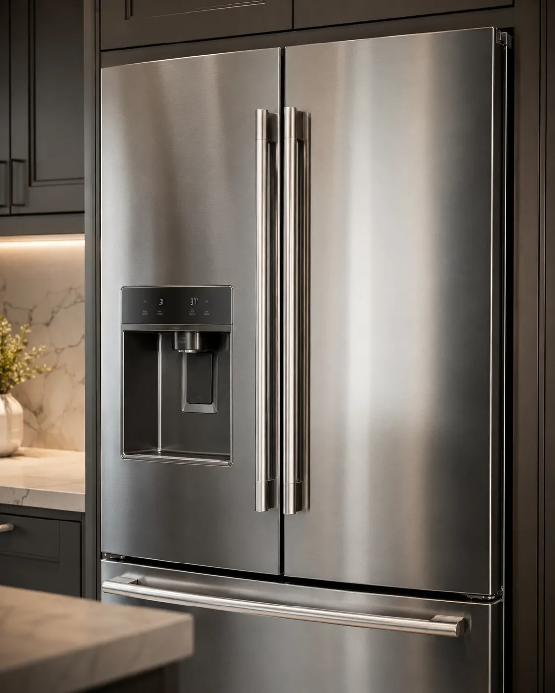 Stainless French door refrigerator in a dark modern kitchen