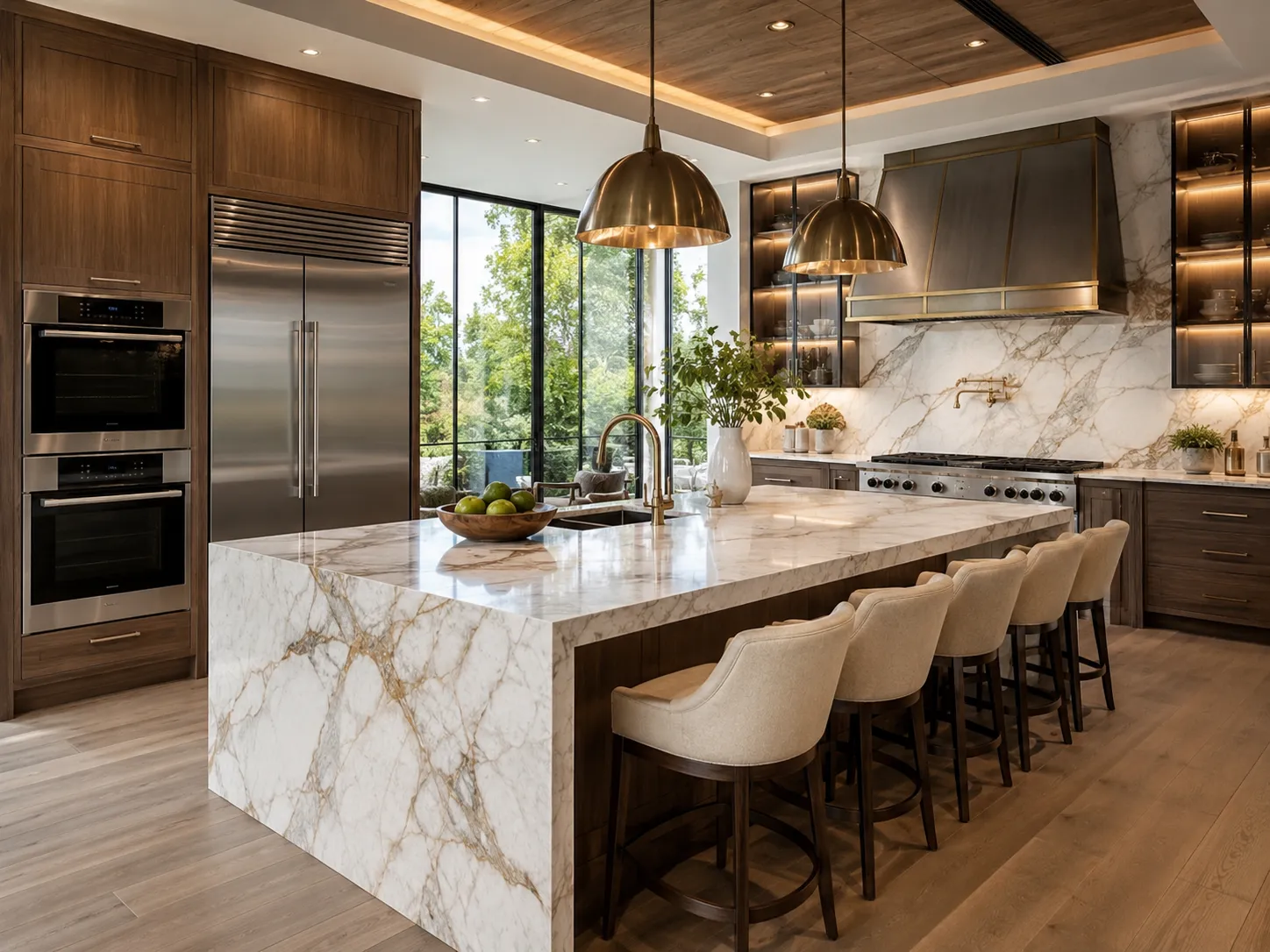 A bright, light-filled luxury kitchen with brass pendants, a marble waterfall island, and premium built in appliances