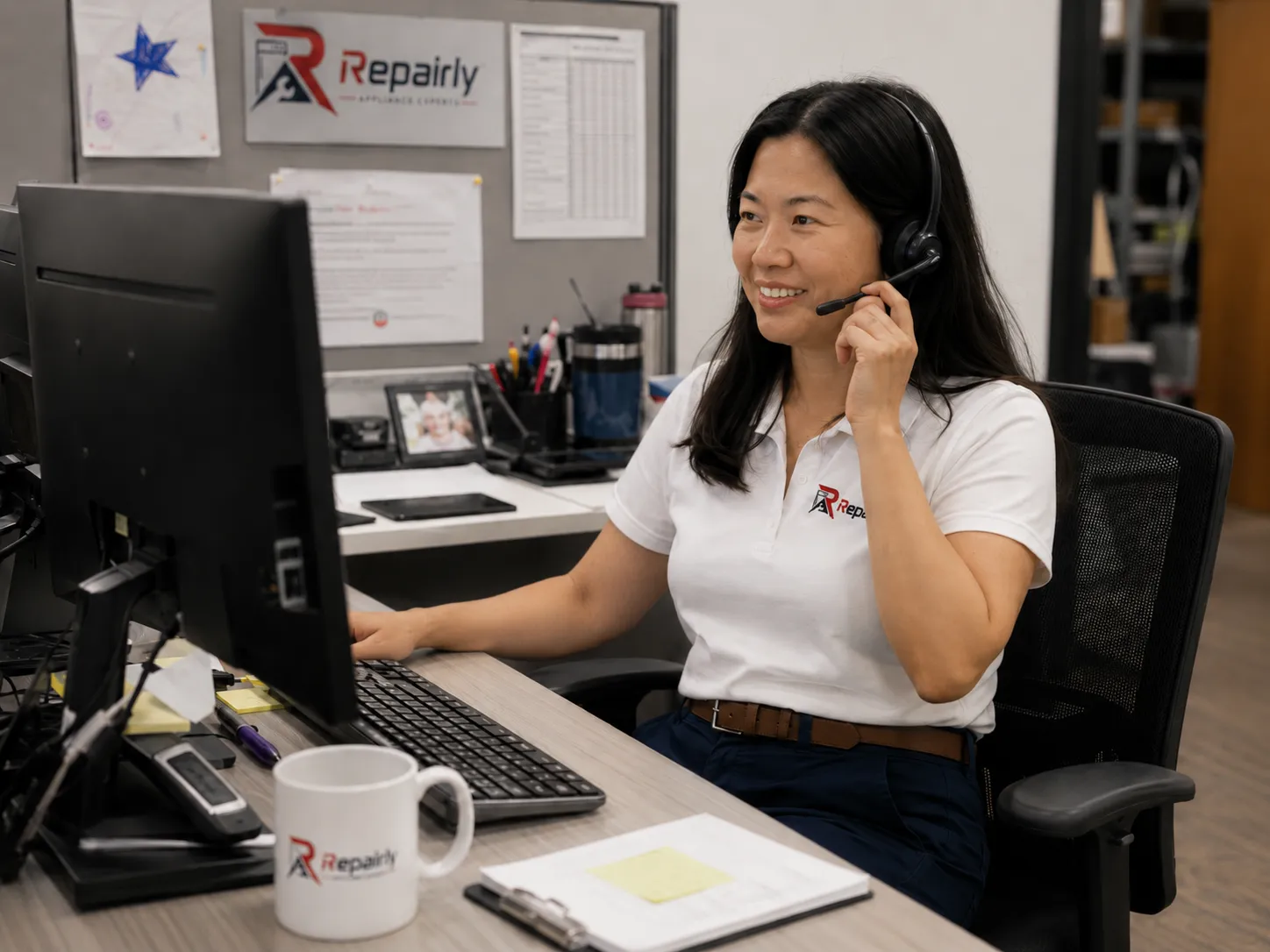 A Repairly dispatcher wearing a headset, taking a booking call at her desk