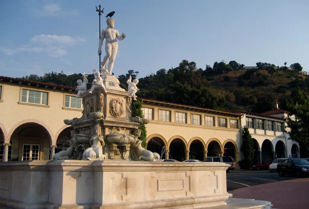 The Neptune fountain at Malaga Cove Plaza in Palos Verdes Estates in evening light
