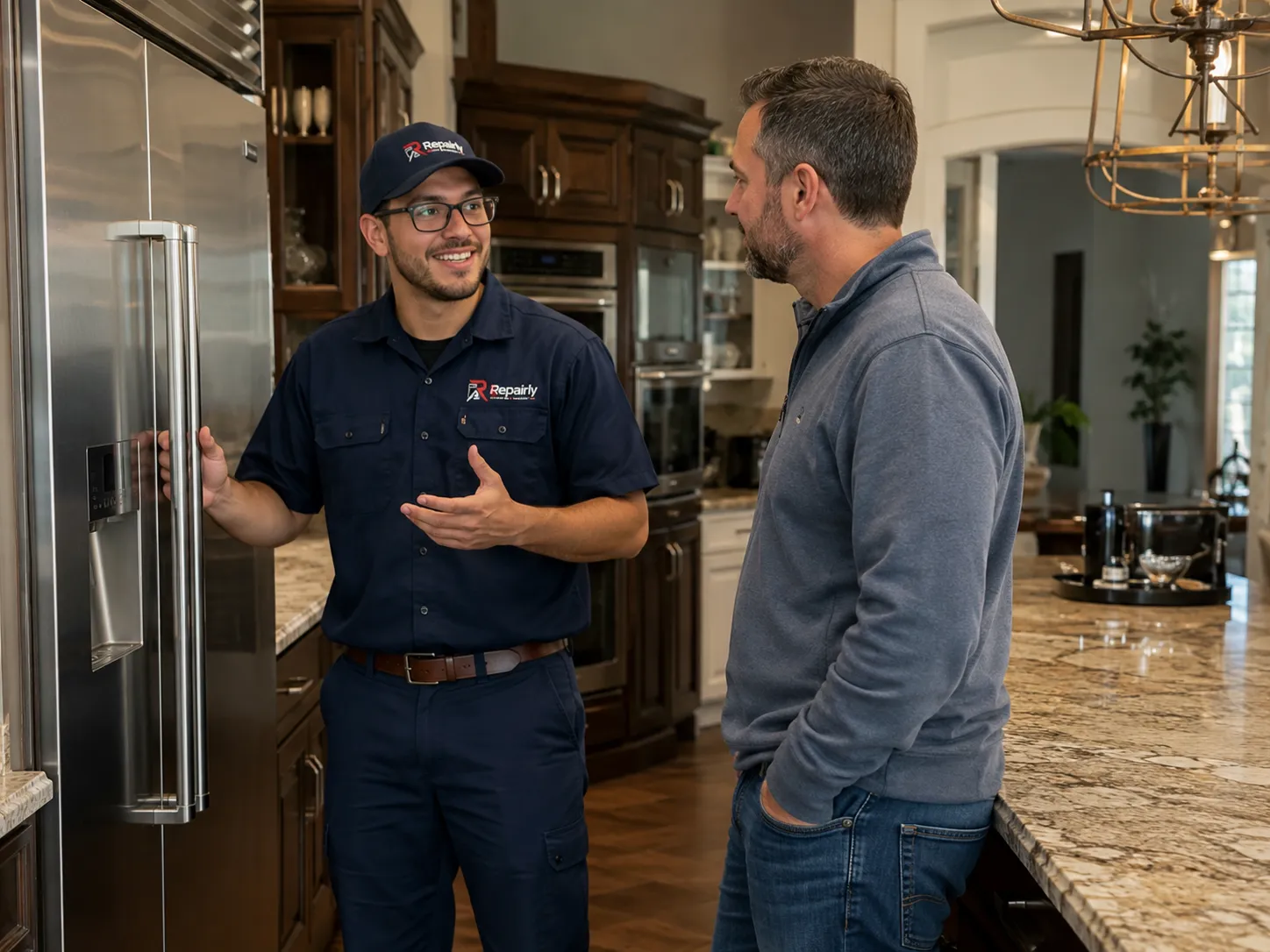 A Repairly technician consulting with a homeowner beside their built in refrigerator in a luxury Los Angeles kitchen