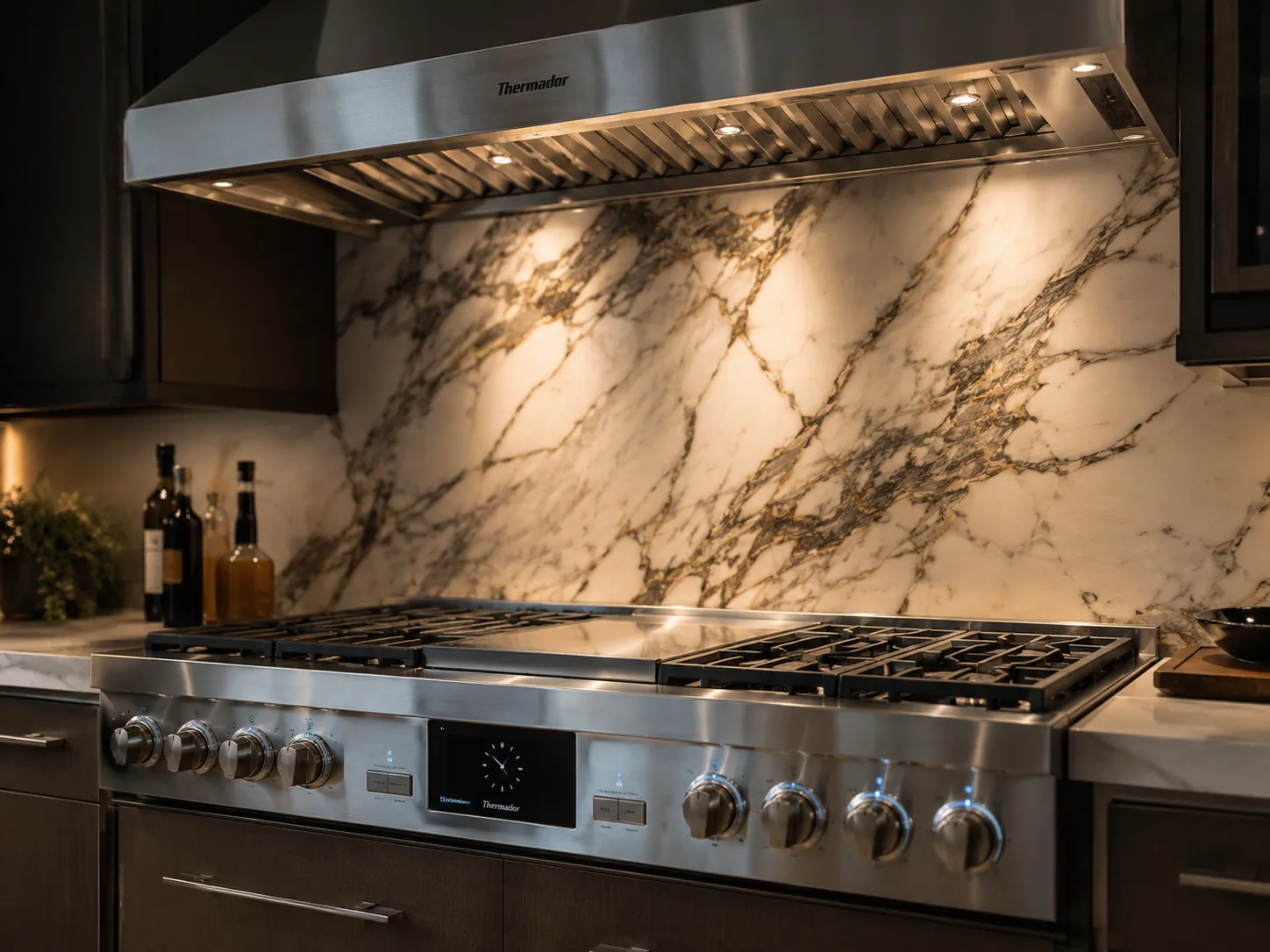 Thermador professional rangetop under a stainless hood against a marble backsplash