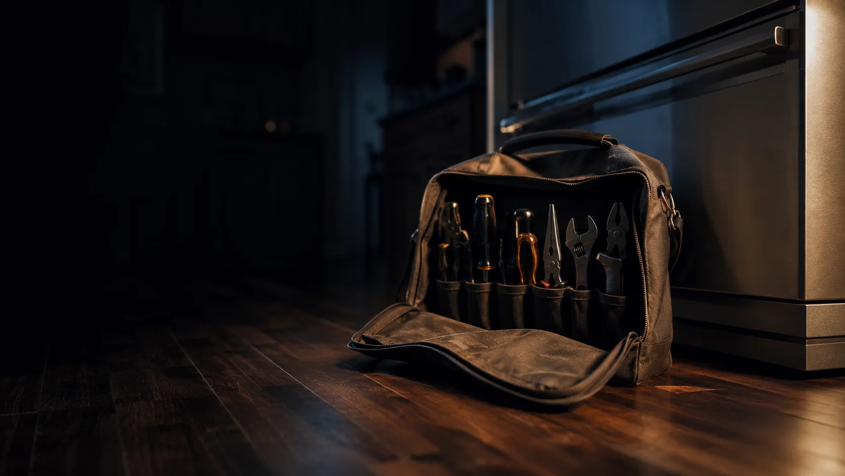 A stocked tool bag opened at the base of a stainless steel appliance on an evening call