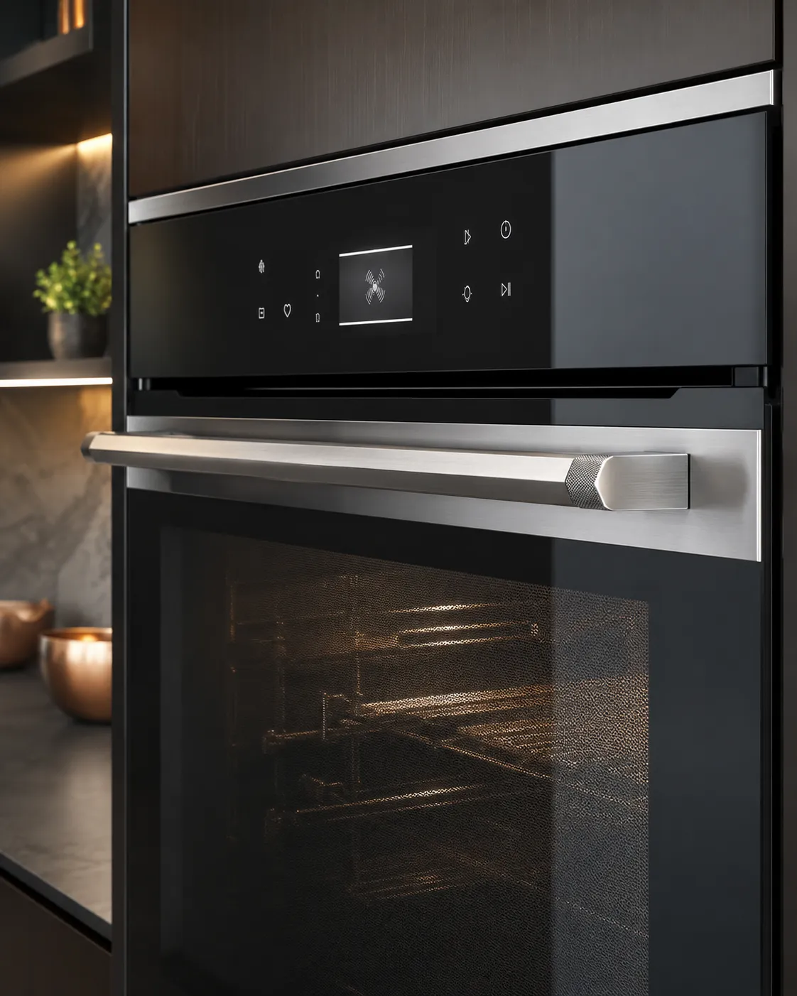 Built in wall oven with a touch display and stainless handle