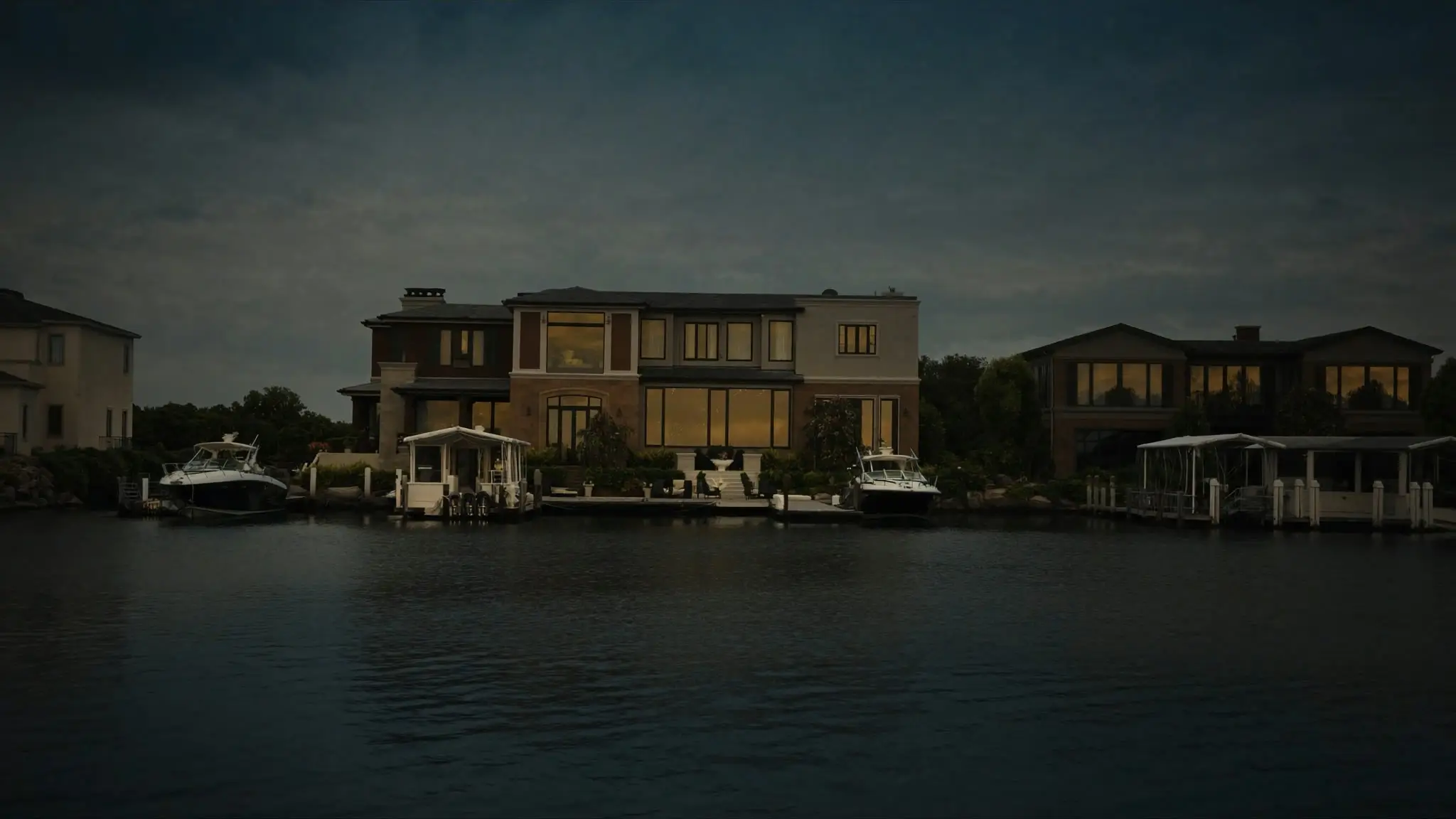 Lakefront Westlake Village homes with private docks and boats at dusk