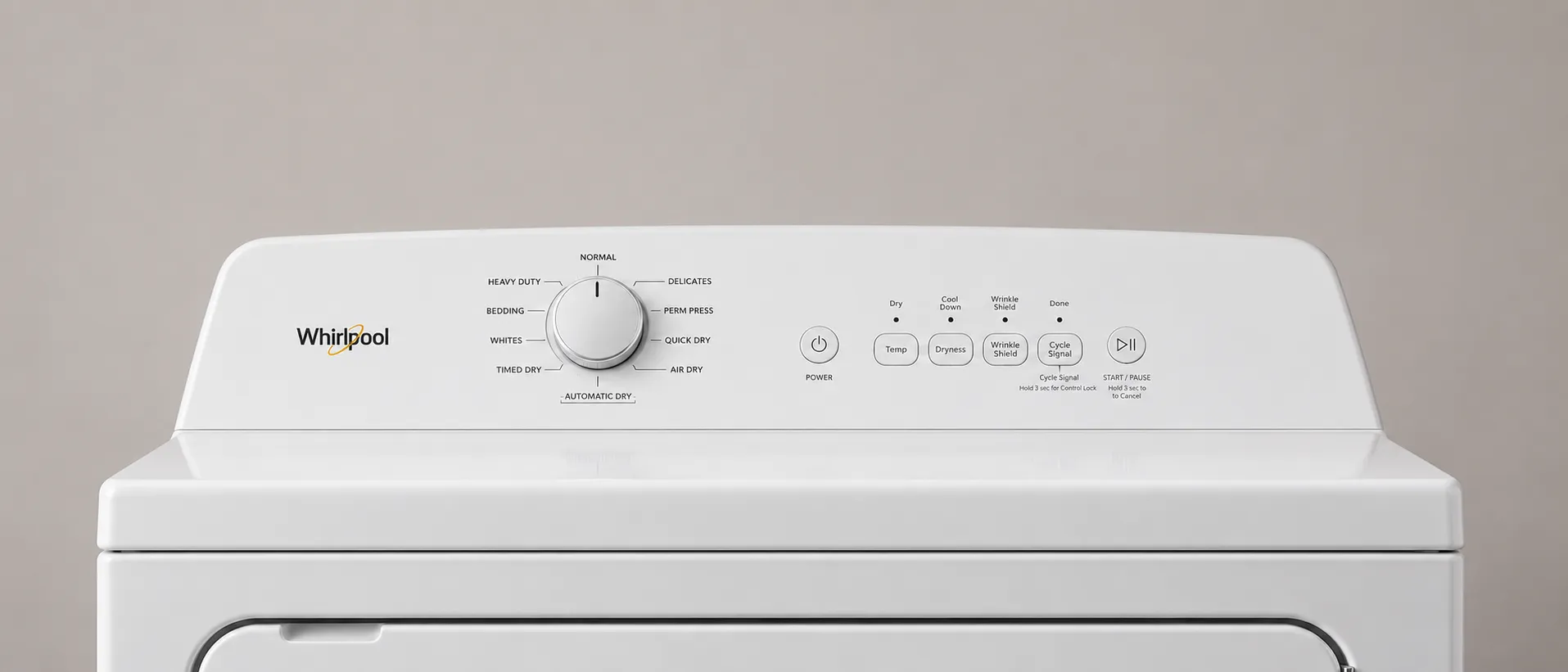 Dryer control panel with the cycle dial and indicator lights