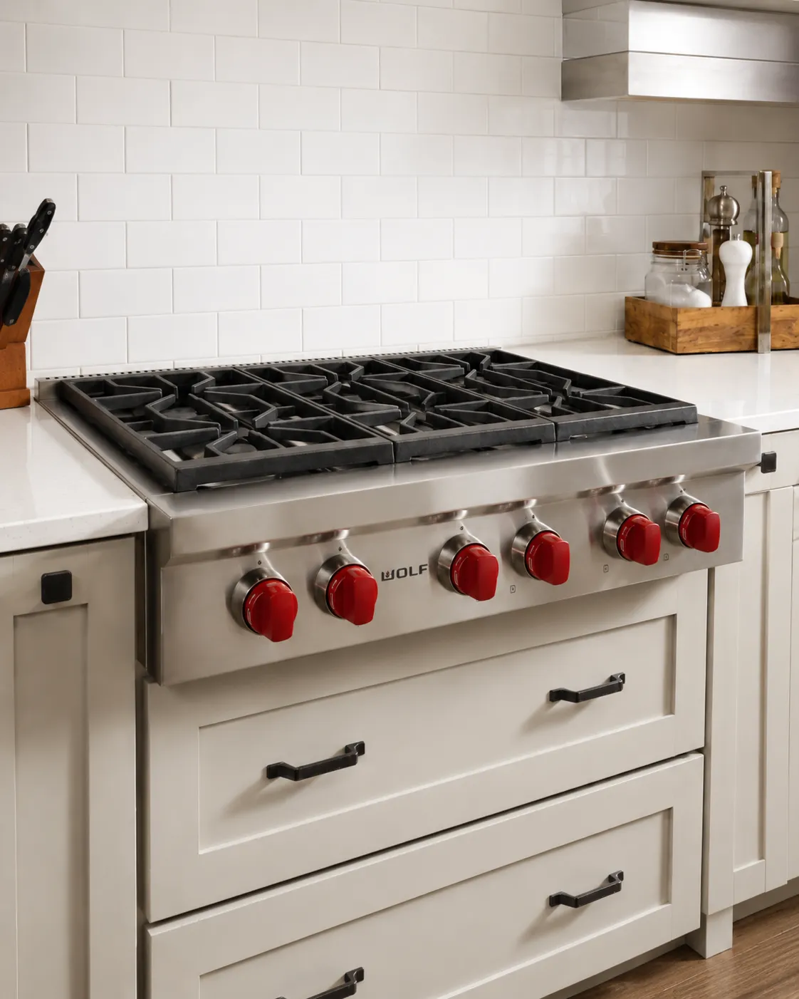 Professional gas rangetop with red knobs and cast iron grates
