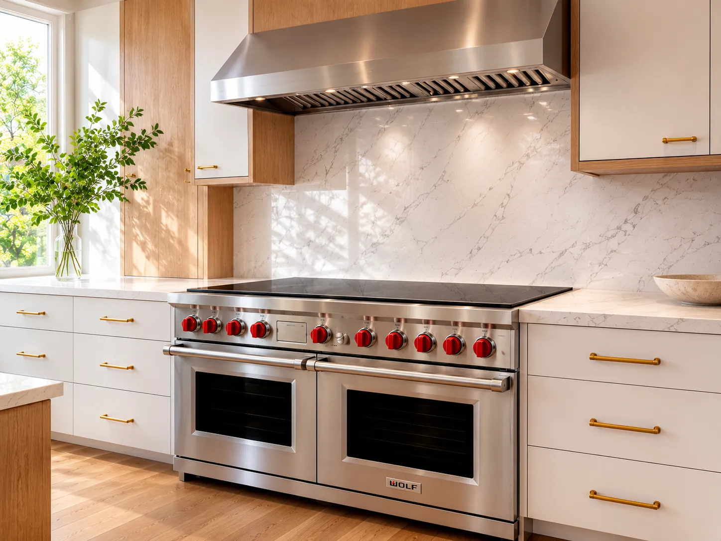 Professional grade range with red control knobs